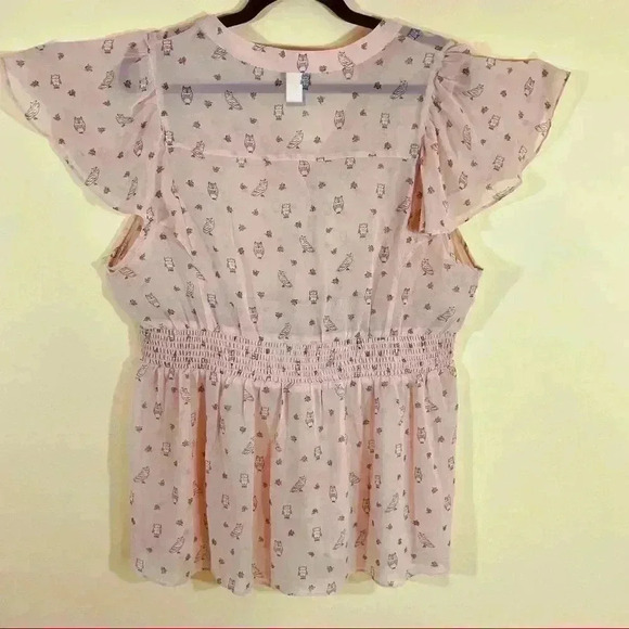 Torrid Mauve “Owl” Print V-Neck Cap Sleeve Chiffon Peplum Peasant Top Size 14/16 - Picture 9 of 12